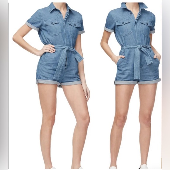 GOOD Amer. Sm. Chambray Denim Jumpsuit w/ Belted Shorts - Size 1 - Picture 1 of 4